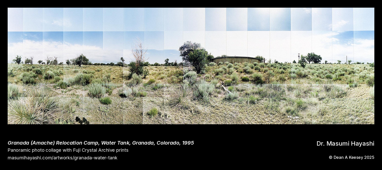 Panoramic photo collage of Granada Amache internment camp water tank standing in Colorado plains, documenting the infrastructure that supplied water to over 7,000 Japanese Americans detained at this remote camp during World War II, photographed by Dr. Masumi Hayashi, 1997